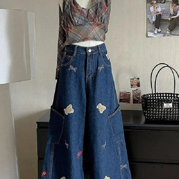 Retro Bear Wide Leg Jeans — Women's Loose Streetwear Denim | FireDrips