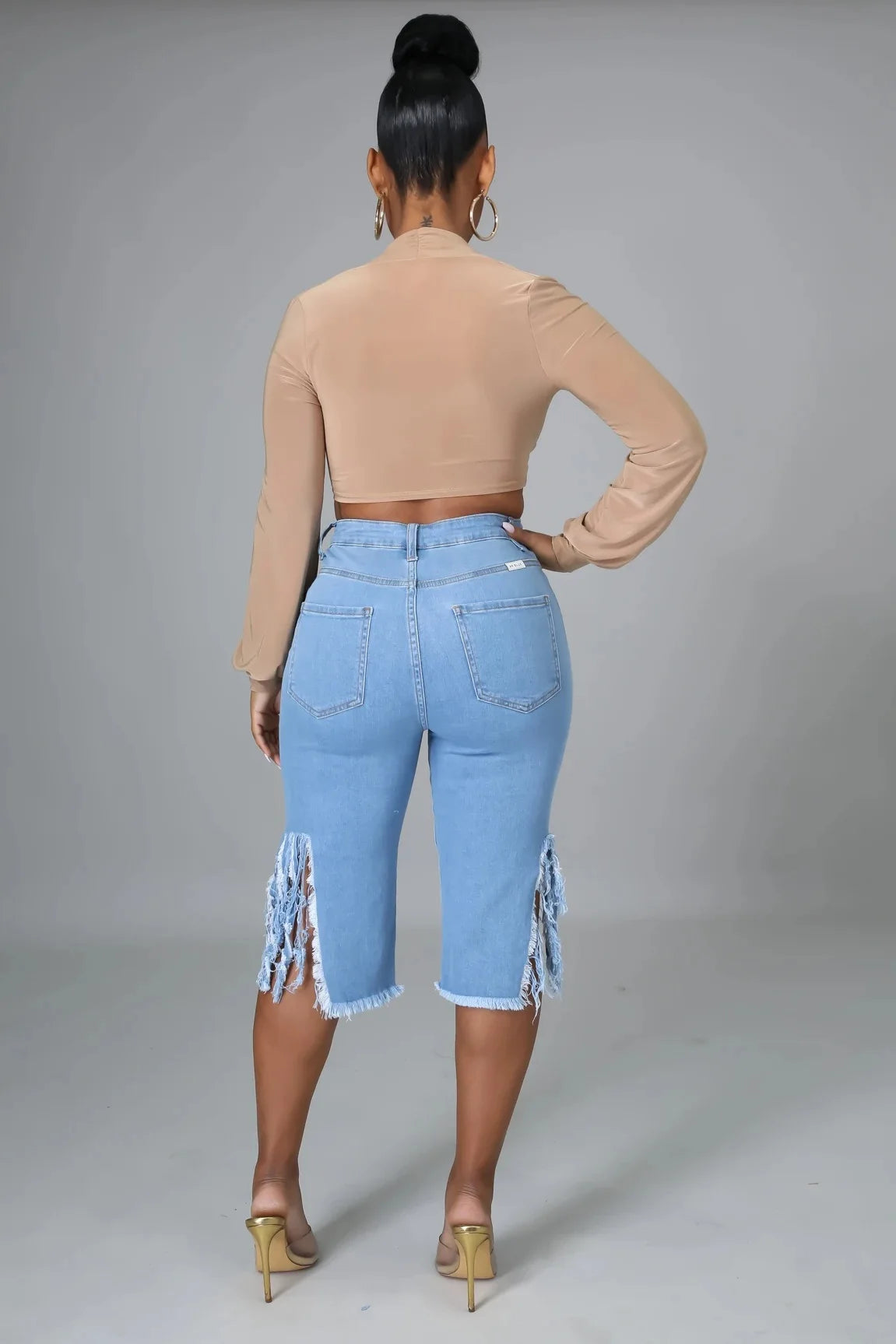 Hollow Out Skinny High Waist Ripped Short Jeans for Women — Distressed Plus Size Denim | FireDrips