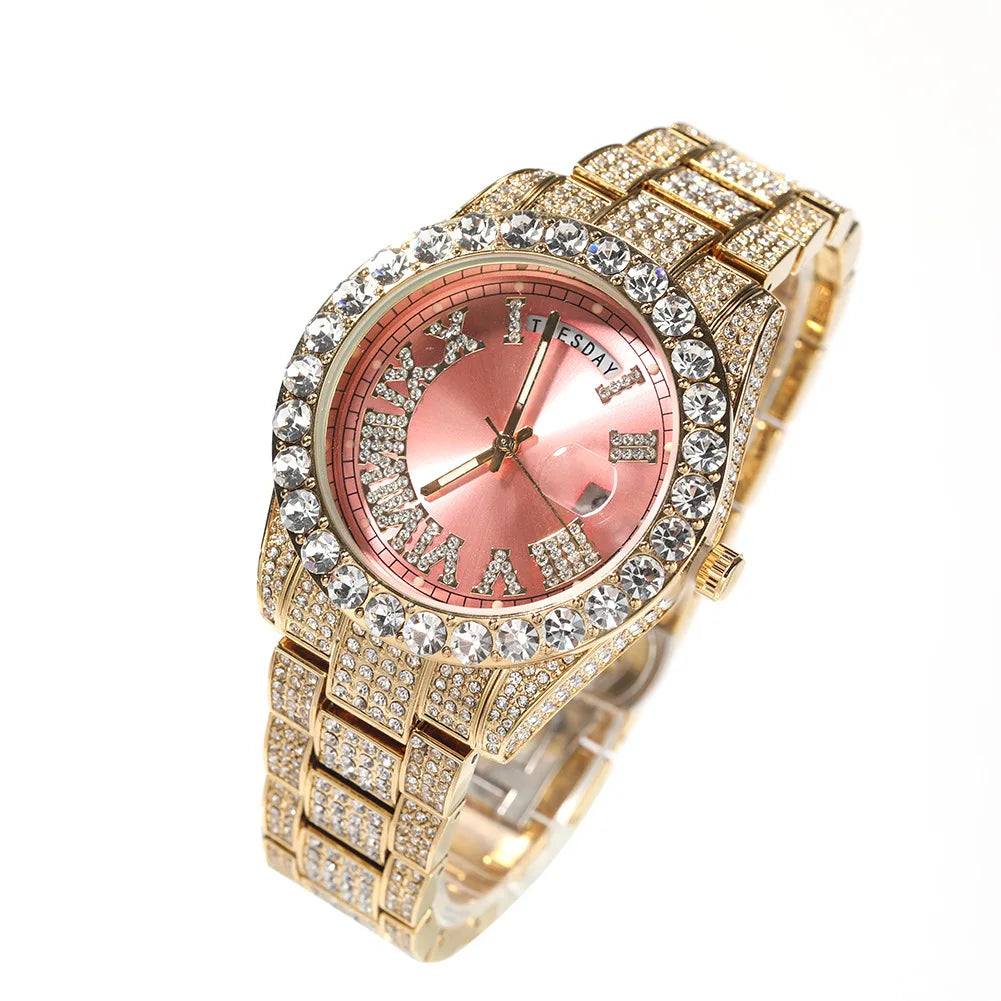 Iced Out Round Diamond Men's Watch — Waterproof Calendar Timepiece, Large Dial, 8 Colorways | Luxury Streetwear