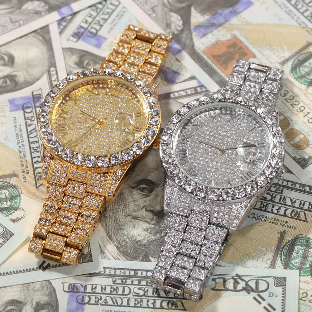 Luxury Diamond Quartz Watch for Women — Full Diamond Dial, Gold & Silver Stainless Steel | FireDrips