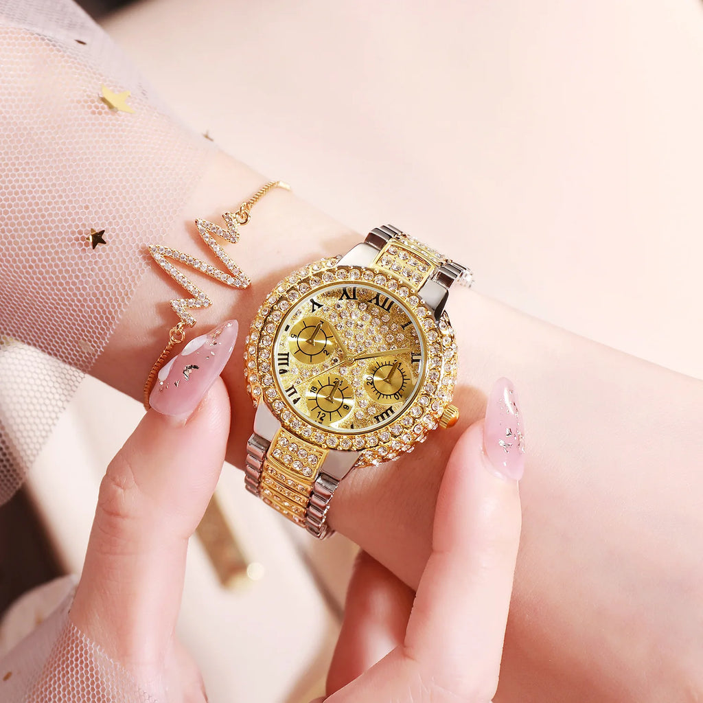 Gold Diamond Sport Watch for Women — Shiny Lady Jewelry Watch with Bracelet Set | FireDrips