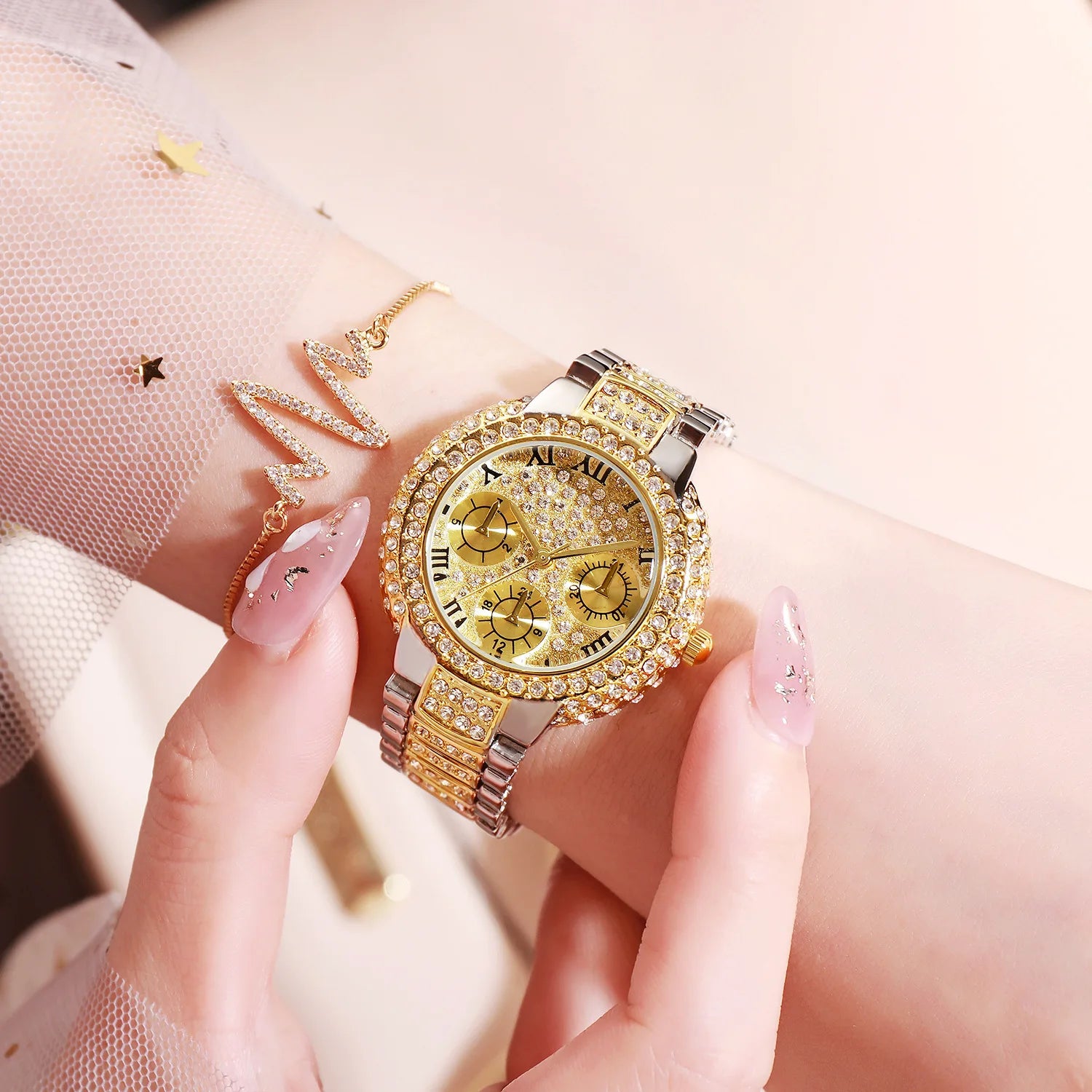 Gold Diamond Sport Watch for Women — Shiny Lady Jewelry Watch with Bracelet Set | FireDrips
