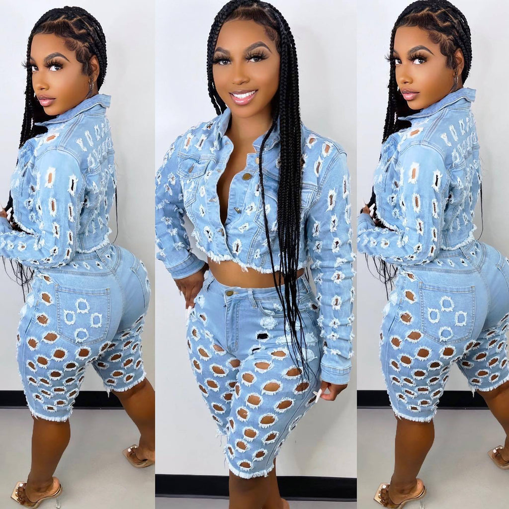 Women's Denim Two-Piece Set – Ripped Jean Jacket & Shorts Outfit