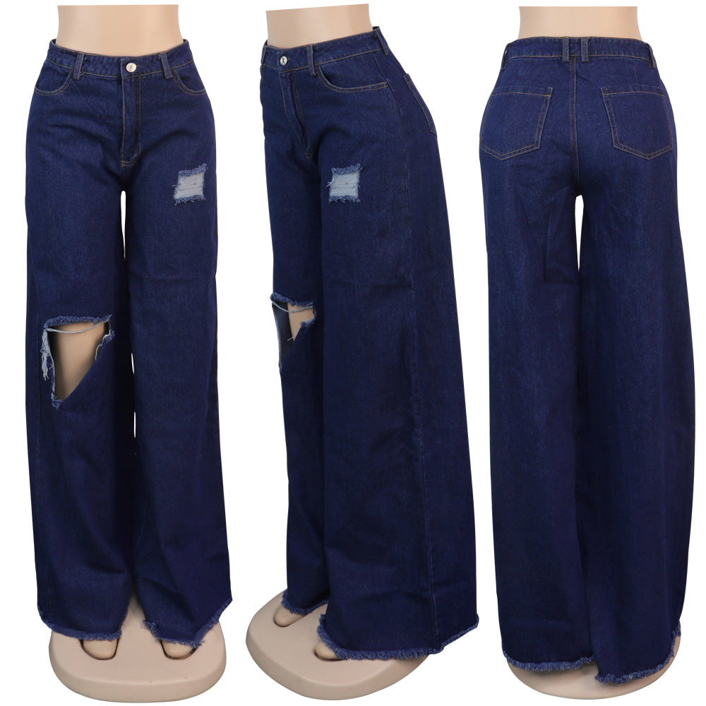Ripped Wide Leg Boyfriend Jeans for Women — Distressed Denim, Dark & Light Blue | FireDrips