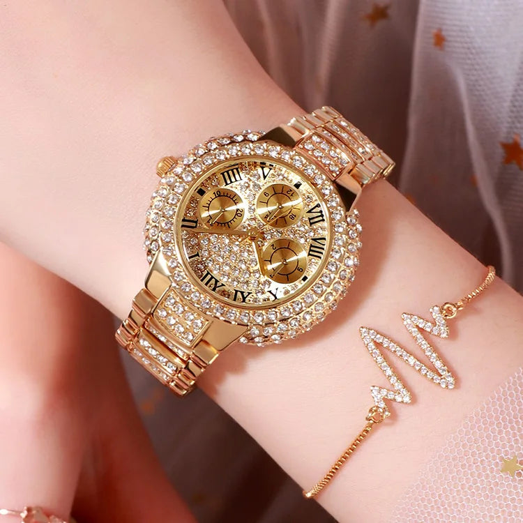 Gold Diamond Sport Watch for Women — Shiny Lady Jewelry Watch with Bracelet Set | FireDrips
