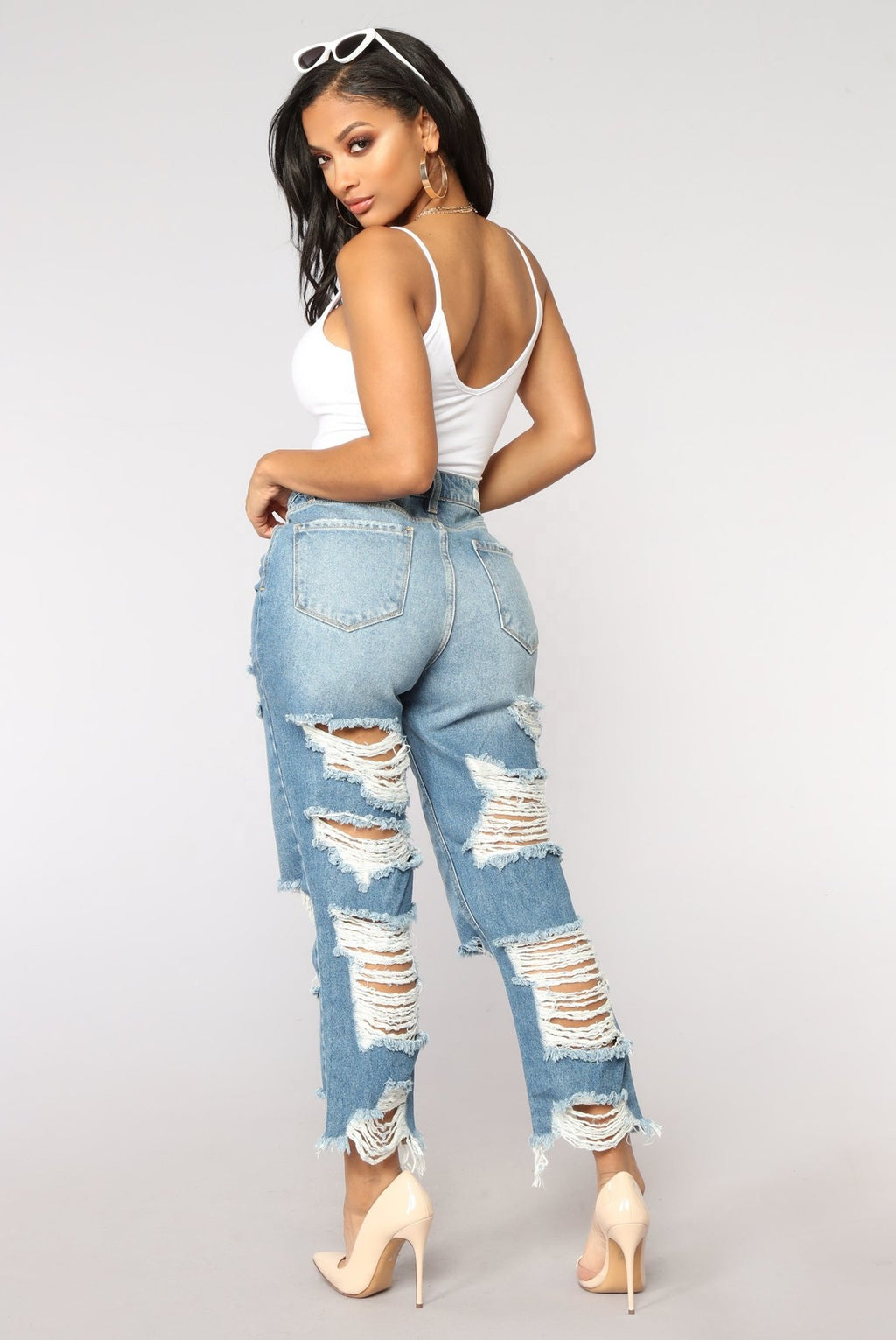 Women's Wide Leg Ripped Jeans – Drawstring Destroyed Casual Denim