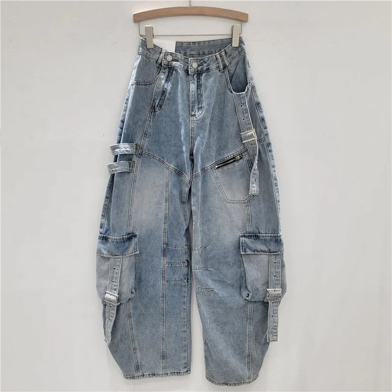 Baggy Distressed Wide Leg Cargo Jeans for Women — Ripped Straight Washed Denim | FireDrips