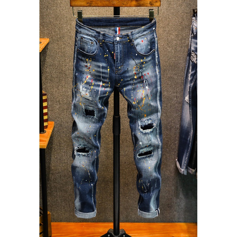 Graffiti Patch Slim Stretch Jeans for Men — High Street Painting Denim, Sizes 28–36 | FireDrips