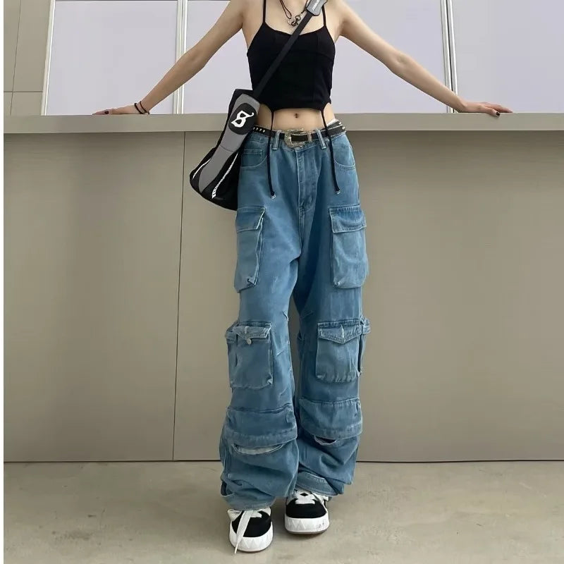 Y2K Cargo Wide Leg Jeans – Women's Relaxed Fit Straight Denim