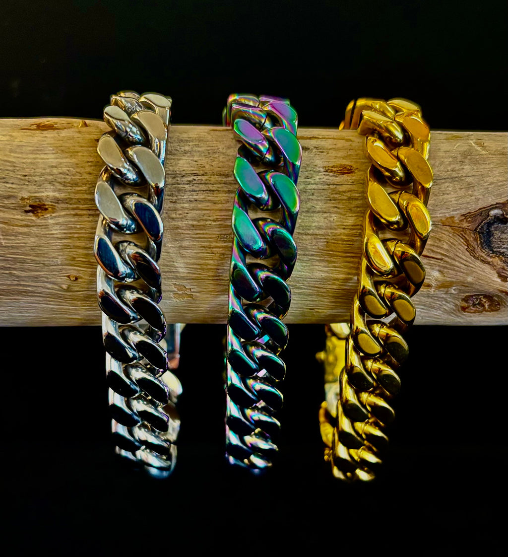 22cm Titanium Steel Cuban Link Bracelet – Silver, Gold & Rainbow