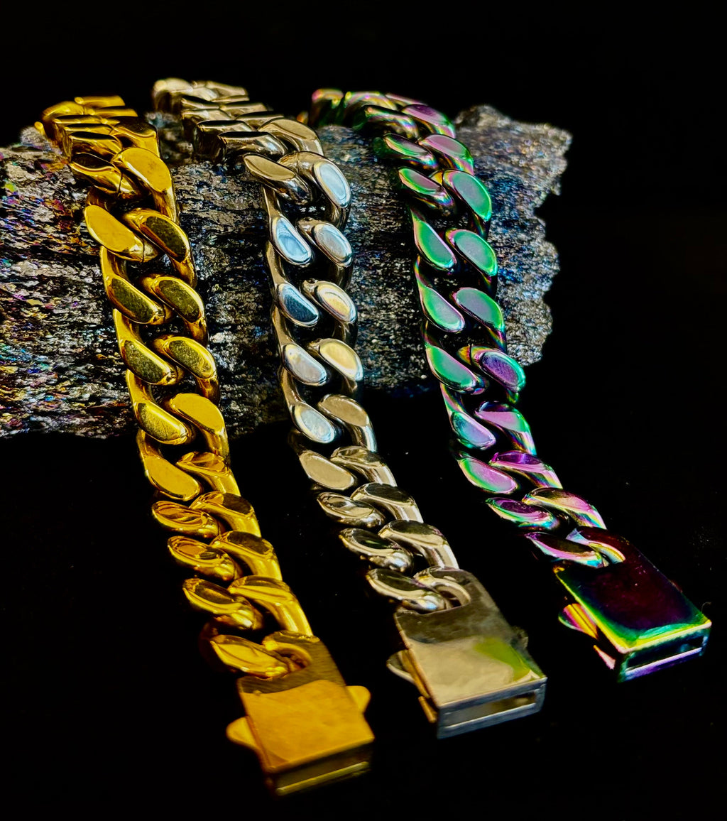 22cm Titanium Steel Cuban Link Bracelet – Silver, Gold & Rainbow
