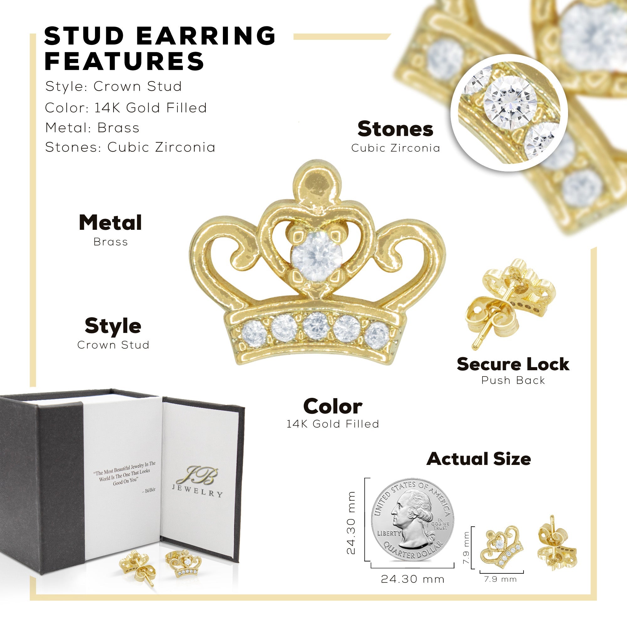 Crown CZ Hip-Hop Stud Earrings — 14K Gold & Silver Filled Cubic Zirconia Women's Jewelry