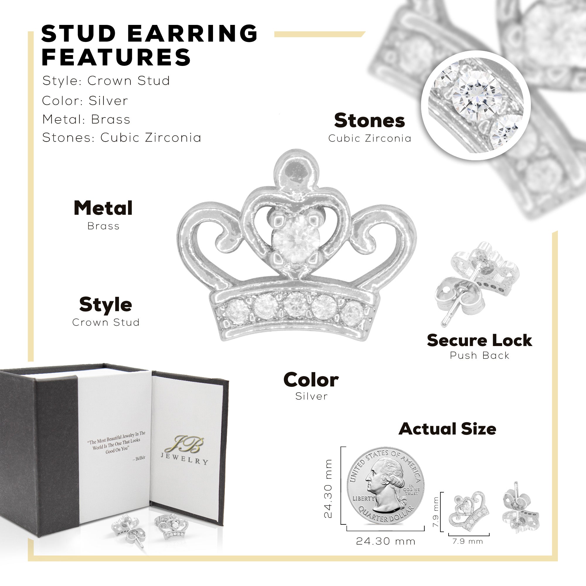 Crown CZ Hip-Hop Stud Earrings — 14K Gold & Silver Filled Cubic Zirconia Women's Jewelry