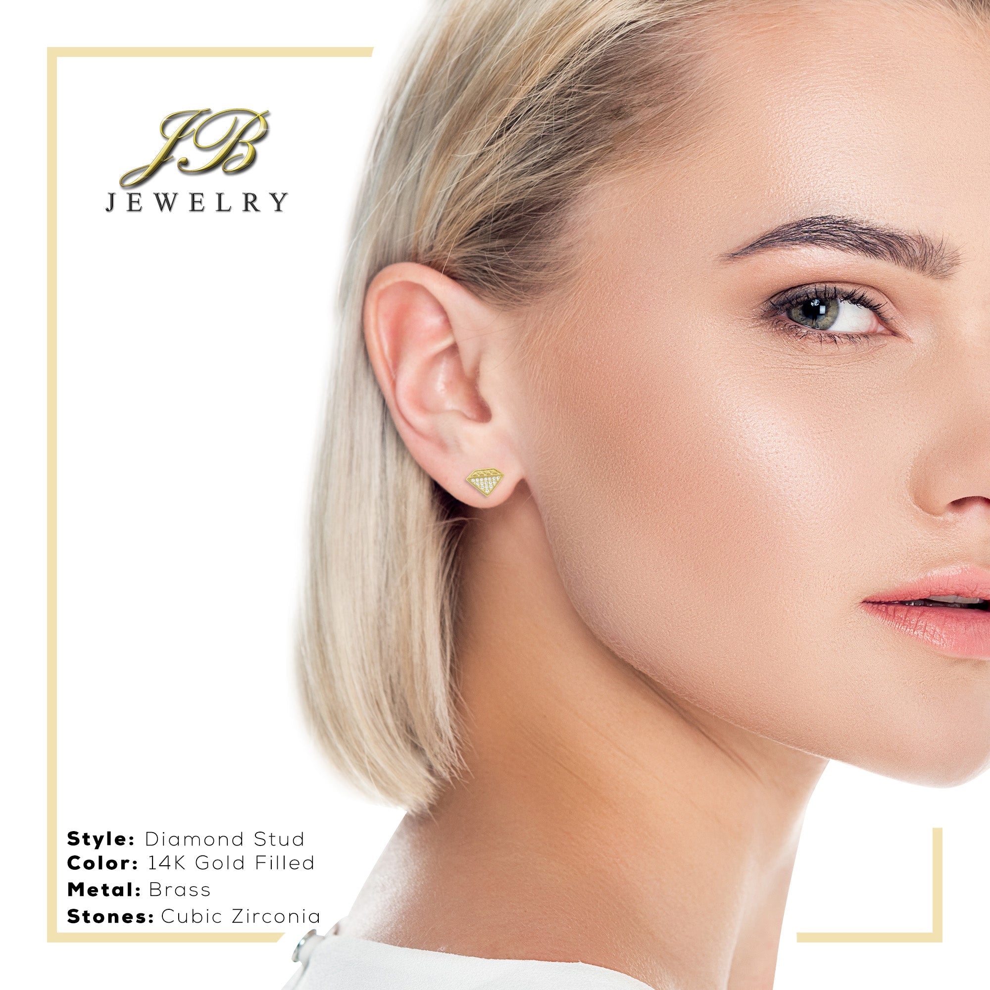 Diamond Cubic Zirconia Stud Earrings — 14K Gold Filled Hip-Hop Jewelry for Women