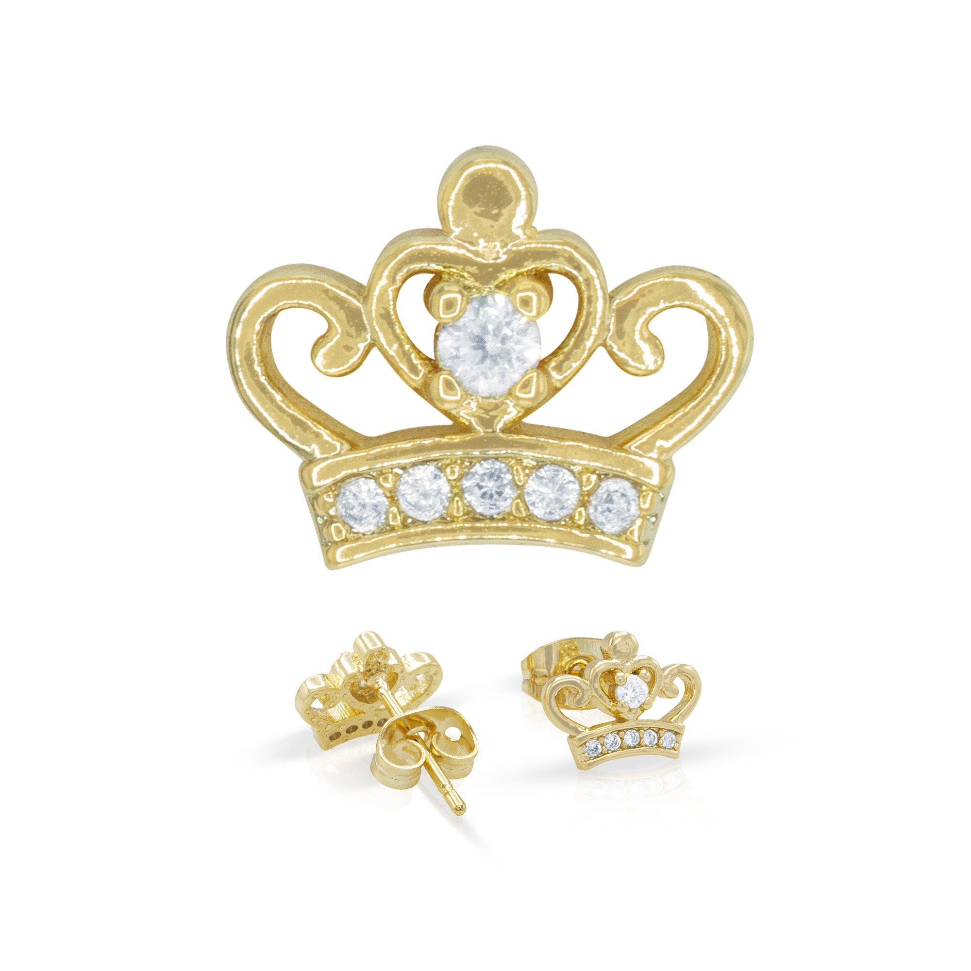 Crown CZ Hip-Hop Stud Earrings — 14K Gold & Silver Filled Cubic Zirconia Women's Jewelry