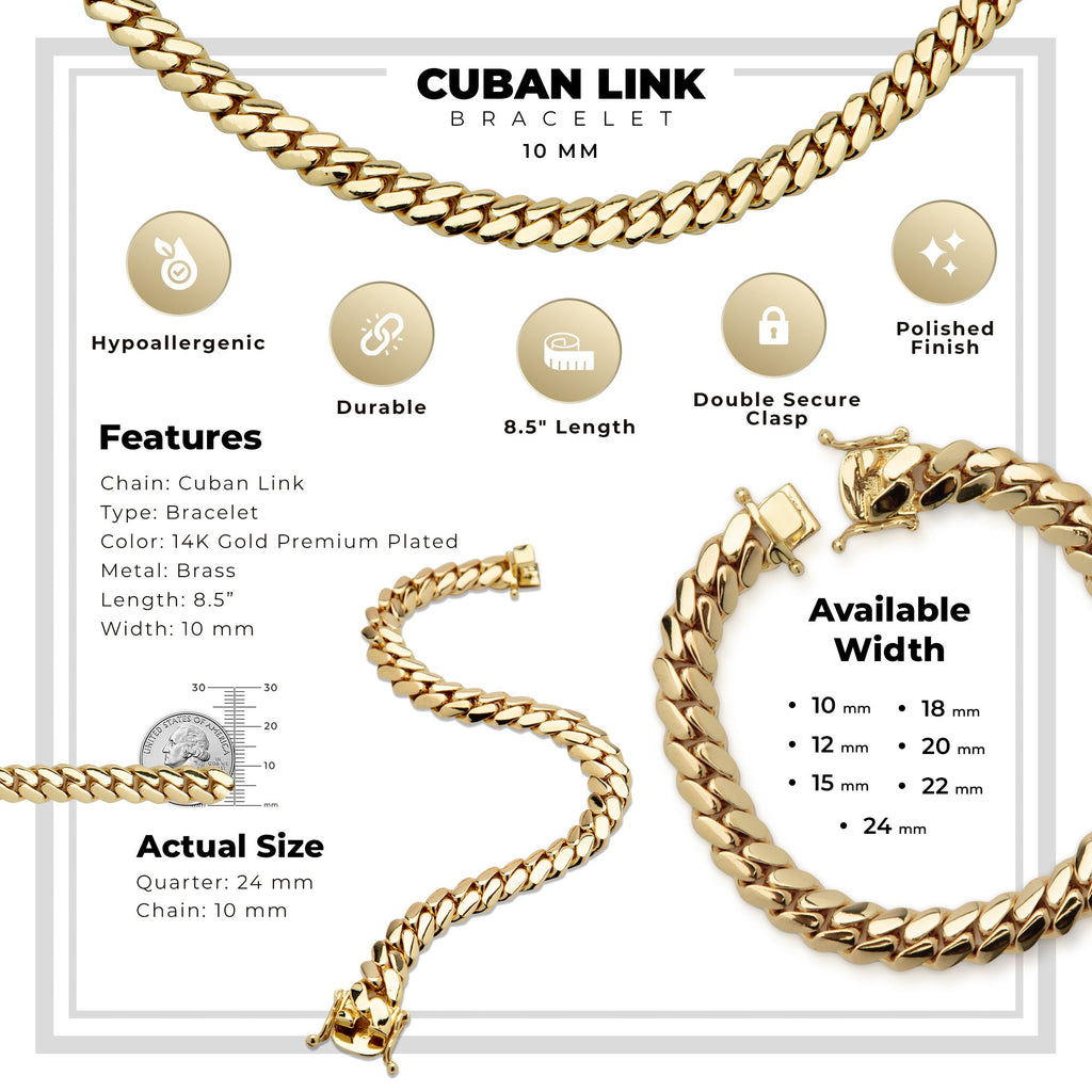 Miami Cuban Link Chain Bracelet — 14K Gold Premium Plated 10-24mm Men's Jewelry 8.5"
