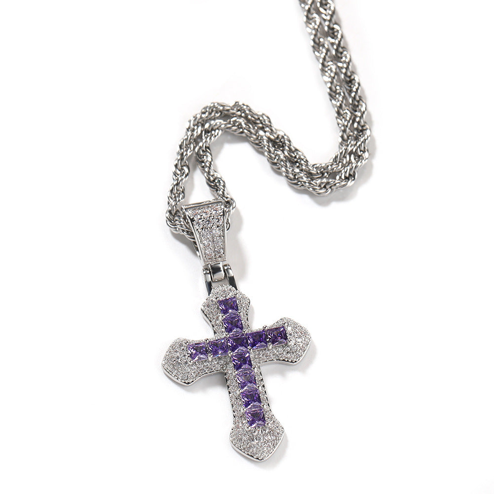 Blue Zircon-Set Cross Hip-Hop Pendant Necklace