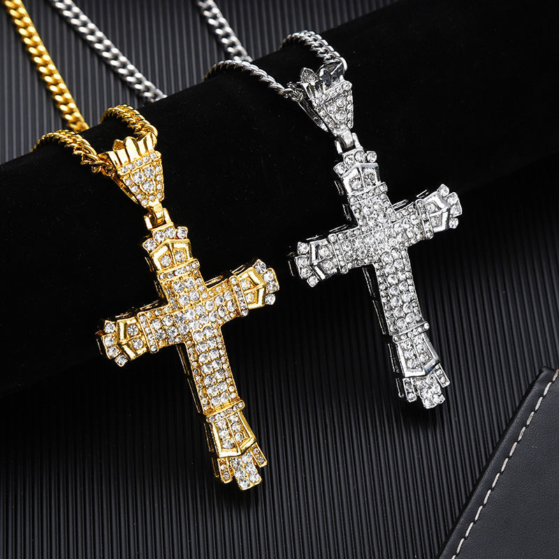 Vintage Diamond-Encrusted Cross Pendant Necklace — Iced Out Retro Unisex Street Jewelry, Gold & Silver