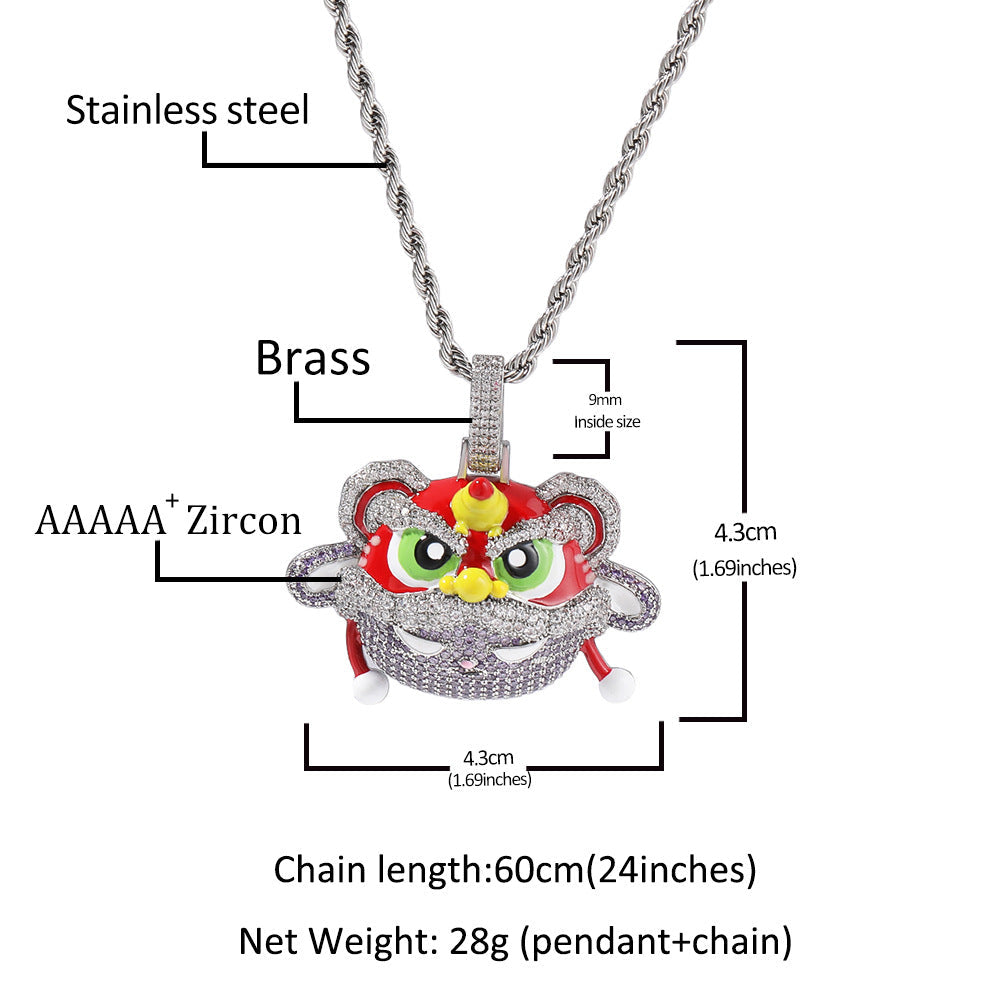 Diamond Ancient Lion Head Pendant Necklace — Iced Out Regal Unisex Street-Luxury Jewelry, 24" Twist Chain