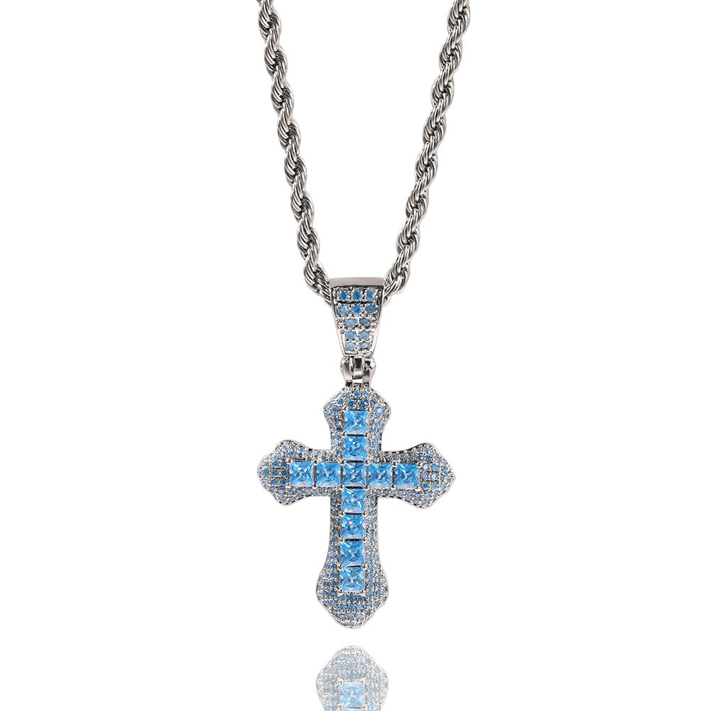 Blue Zircon Cross Pendant Necklace — Iced Out Colorful CZ Cross Unisex Jewelry, 7 Colors, 24" Chain