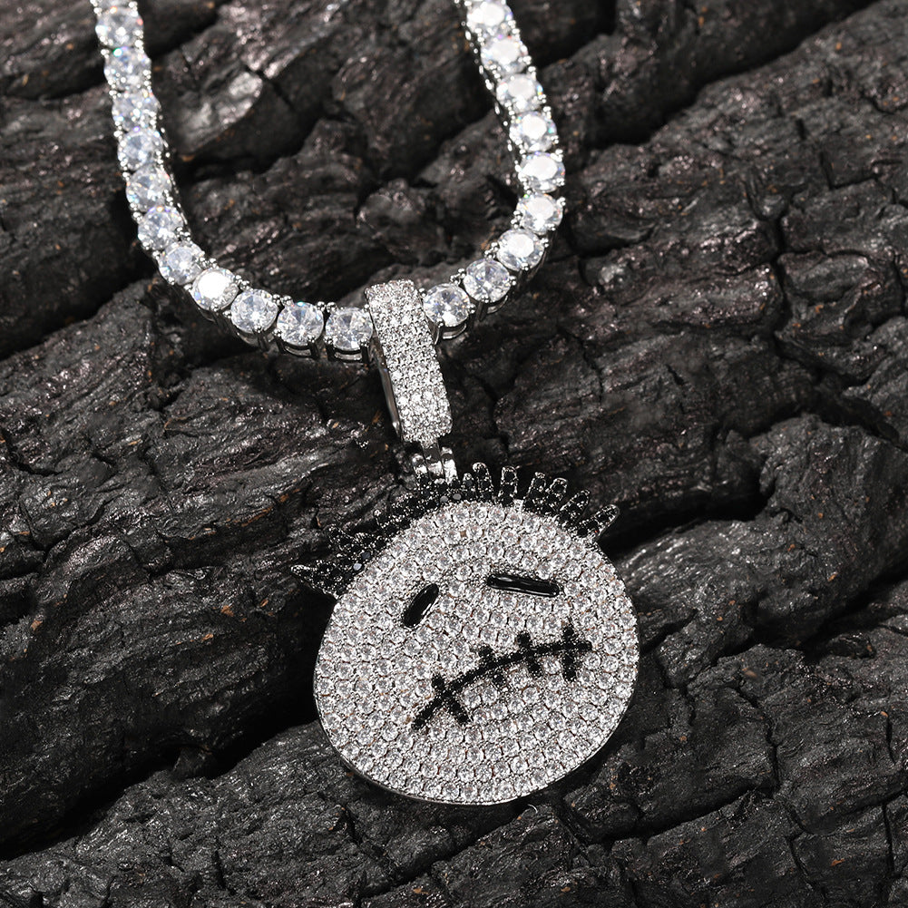 Zircon Spiky Cartoon Avatar Pendant Necklace — Iced Out Quirky Unisex Street Jewelry, Gold & Silver, 24" Chain