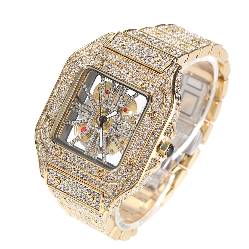 Hip-Hop Diamond-Encrusted Hollow Square Face Watch