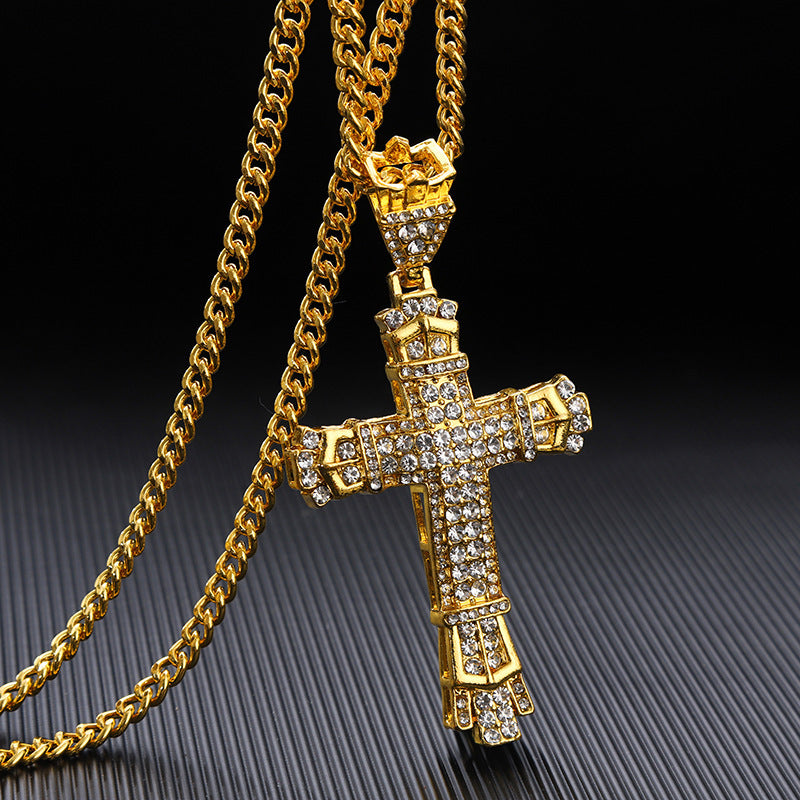 Vintage Diamond-Encrusted Cross Pendant Necklace — Iced Out Retro Unisex Street Jewelry, Gold & Silver