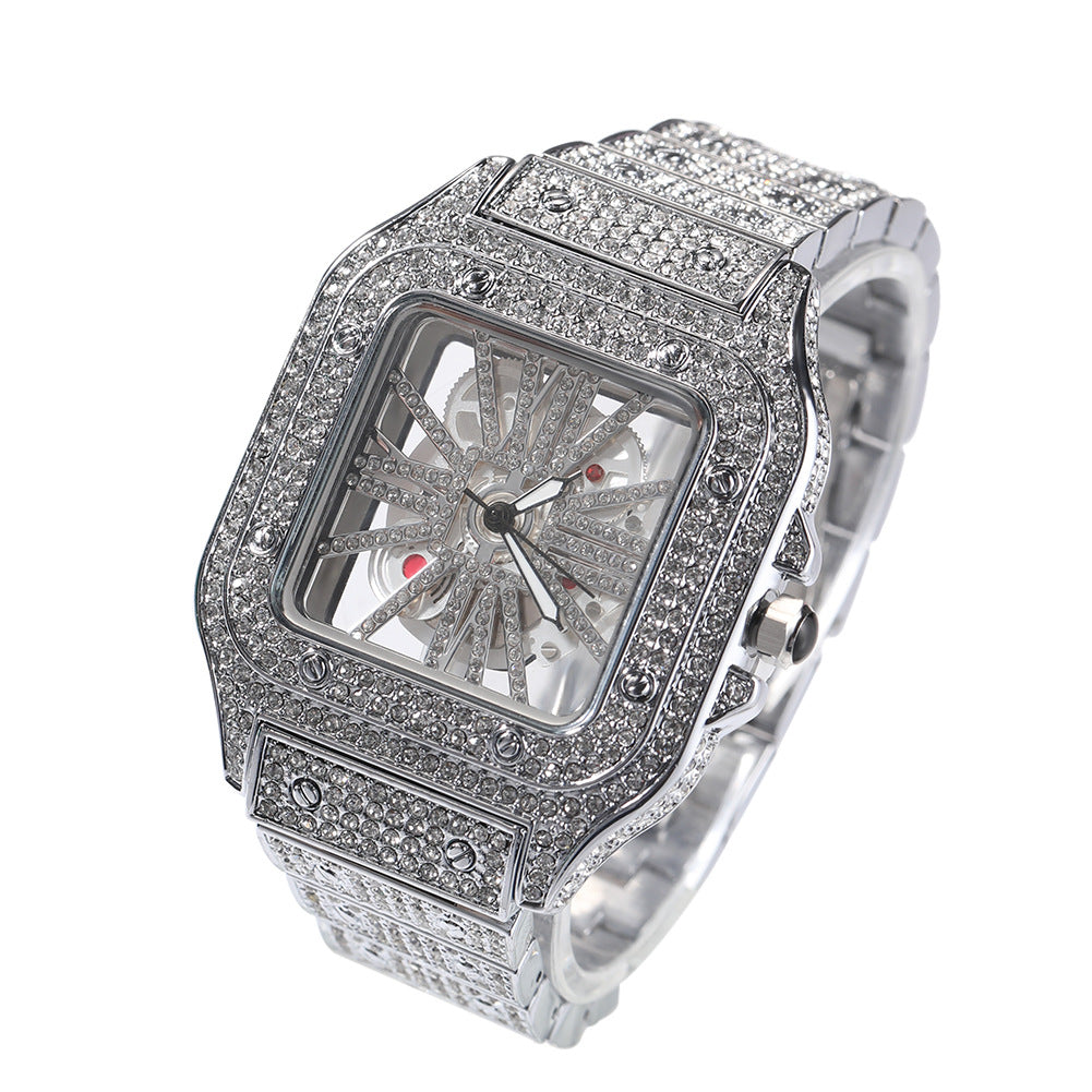 Hip-Hop Diamond-Encrusted Hollow Square Face Watch