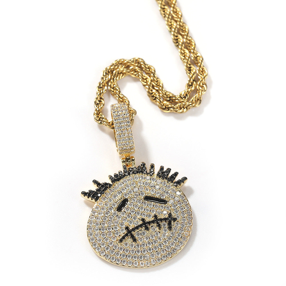 Zircon Spiky Cartoon Avatar Pendant Necklace — Iced Out Quirky Unisex Street Jewelry, Gold & Silver, 24" Chain
