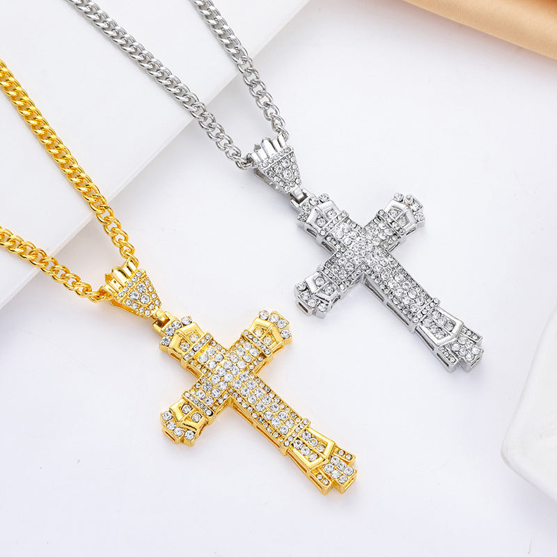 Vintage Diamond-Encrusted Cross Pendant Necklace — Iced Out Retro Unisex Street Jewelry, Gold & Silver