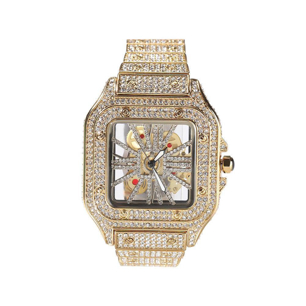 Hip-Hop Diamond-Encrusted Hollow Square Face Watch