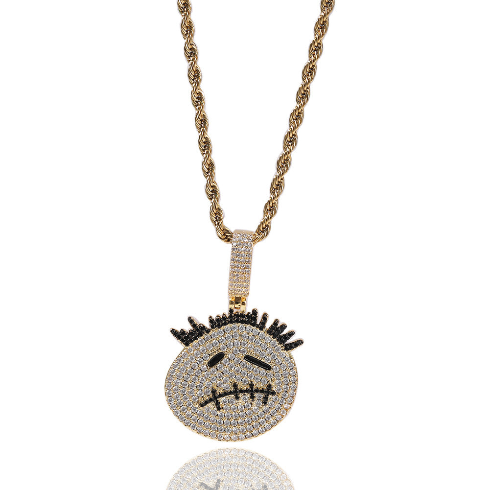 Zircon Spiky Cartoon Avatar Pendant Necklace — Iced Out Quirky Unisex Street Jewelry, Gold & Silver, 24" Chain