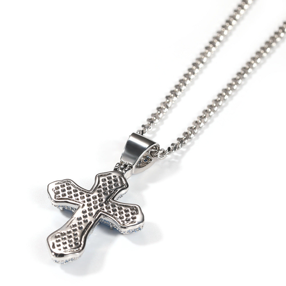 Blue Zircon Cross Pendant Necklace — Iced Out Colorful CZ Cross Unisex Jewelry, 7 Colors, 24" Chain