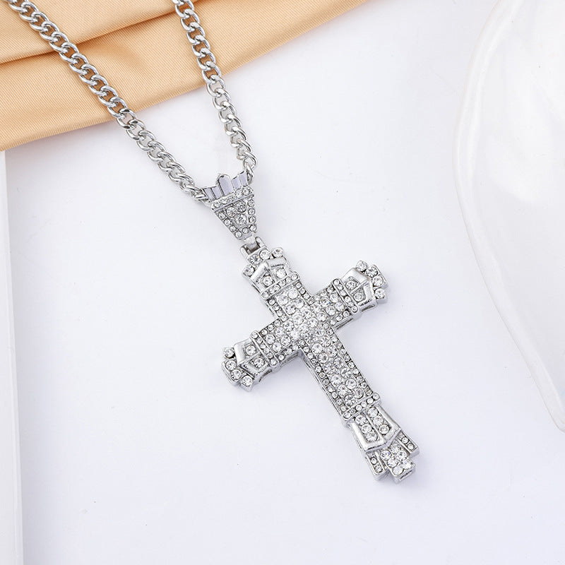 Vintage Diamond-Encrusted Cross Pendant Necklace — Iced Out Retro Unisex Street Jewelry, Gold & Silver
