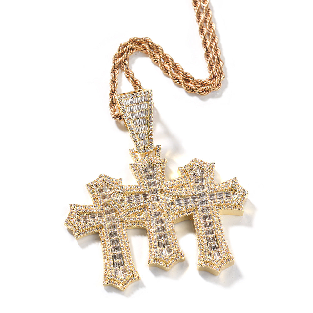 Square Zircon Diamond-Studded Cross Hip-Hop Pendant