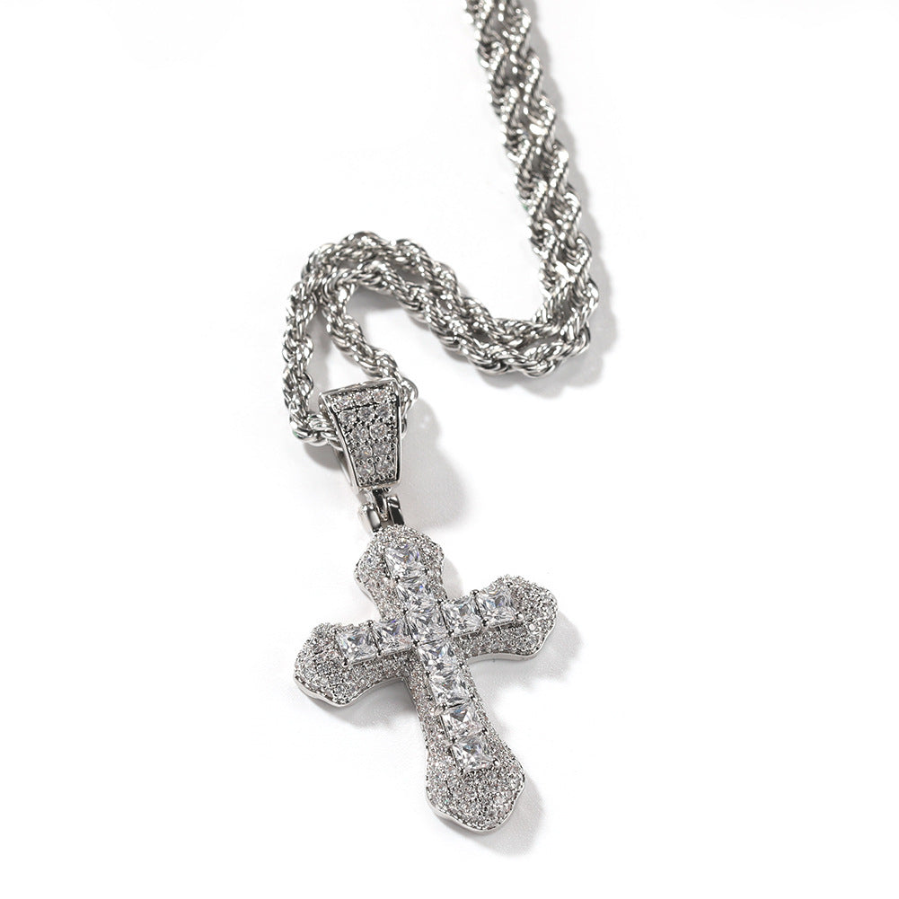 Blue Zircon Cross Pendant Necklace — Iced Out Colorful CZ Cross Unisex Jewelry, 7 Colors, 24" Chain