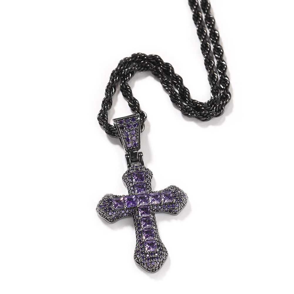 Blue Zircon Cross Pendant Necklace — Iced Out Colorful CZ Cross Unisex Jewelry, 7 Colors, 24" Chain