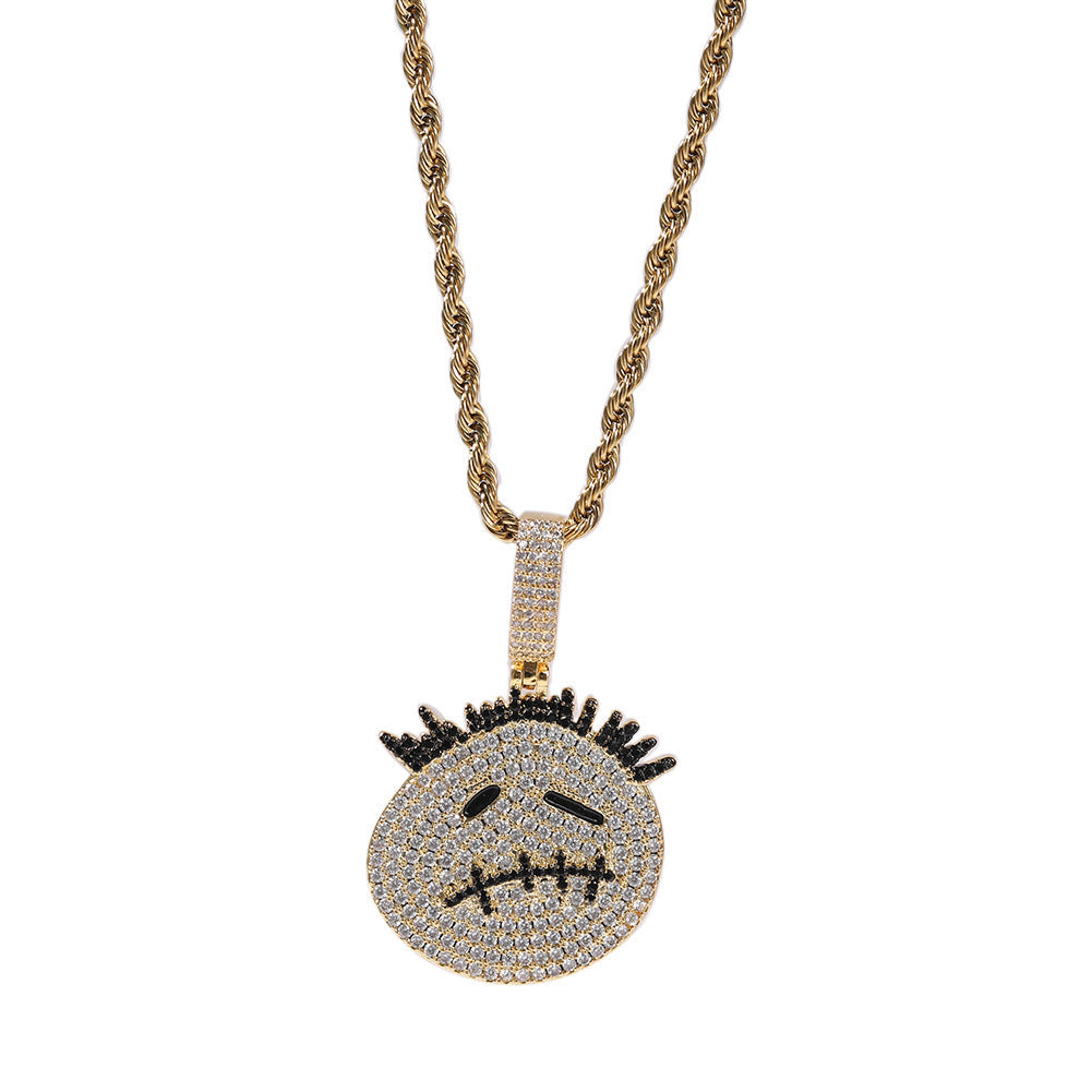 Zircon Spiky Cartoon Avatar Pendant Necklace — Iced Out Quirky Unisex Street Jewelry, Gold & Silver, 24" Chain