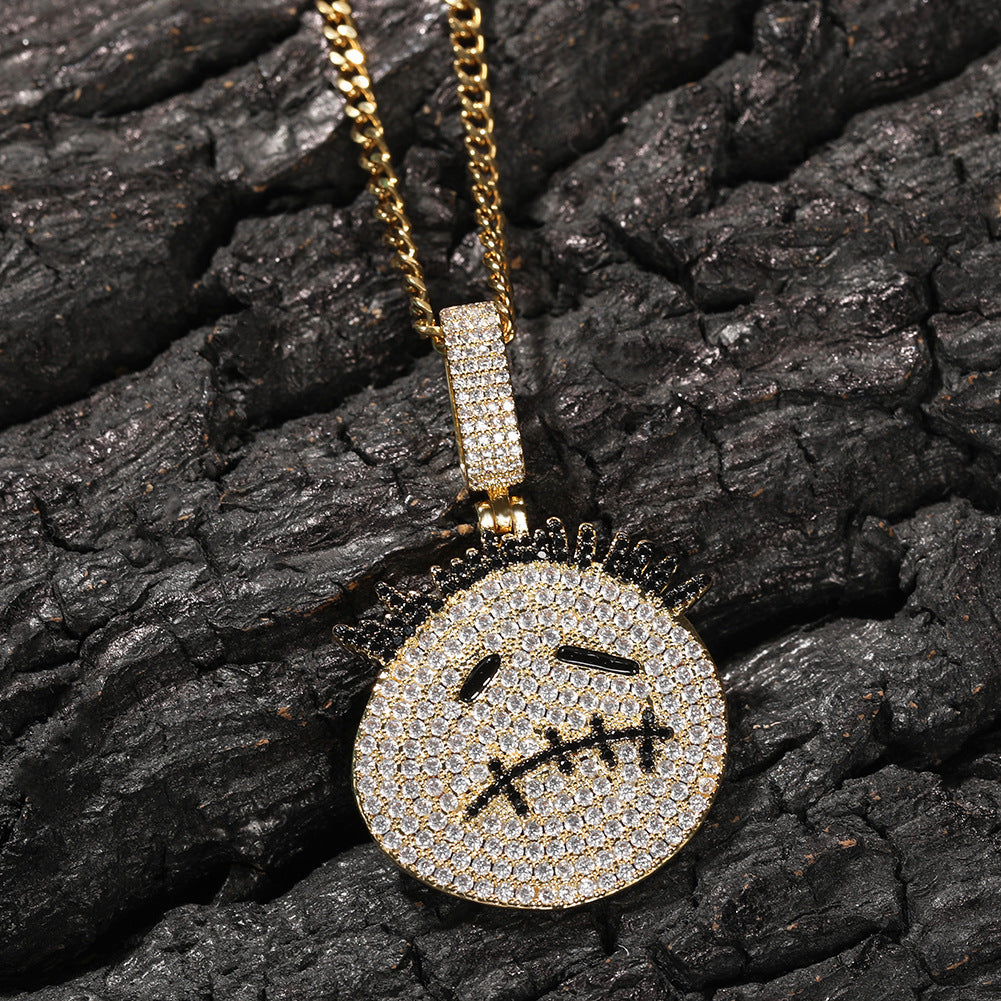 Zircon Spiky Cartoon Avatar Pendant Necklace — Iced Out Quirky Unisex Street Jewelry, Gold & Silver, 24" Chain