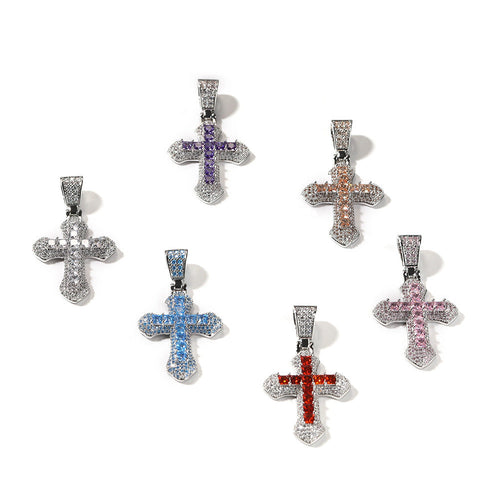 Blue Zircon Cross Pendant Necklace — Iced Out Colorful CZ Cross Unisex Jewelry, 7 Colors, 24" Chain