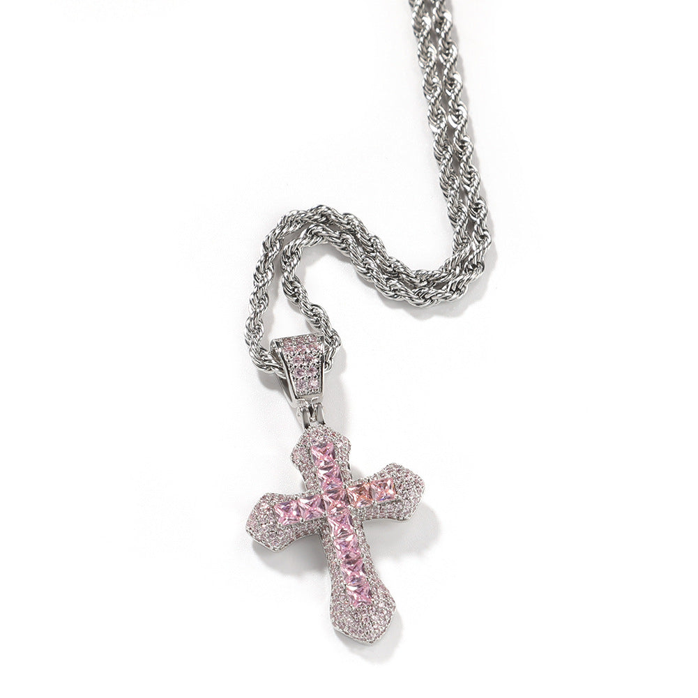 Blue Zircon Cross Pendant Necklace — Iced Out Colorful CZ Cross Unisex Jewelry, 7 Colors, 24" Chain