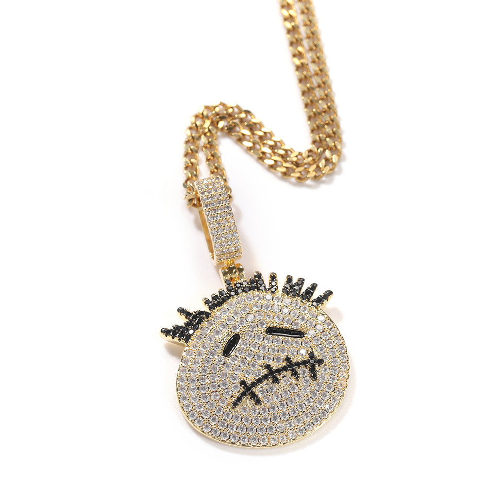 Zircon Spiky Cartoon Avatar Pendant Necklace — Iced Out Quirky Unisex Street Jewelry, Gold & Silver, 24" Chain