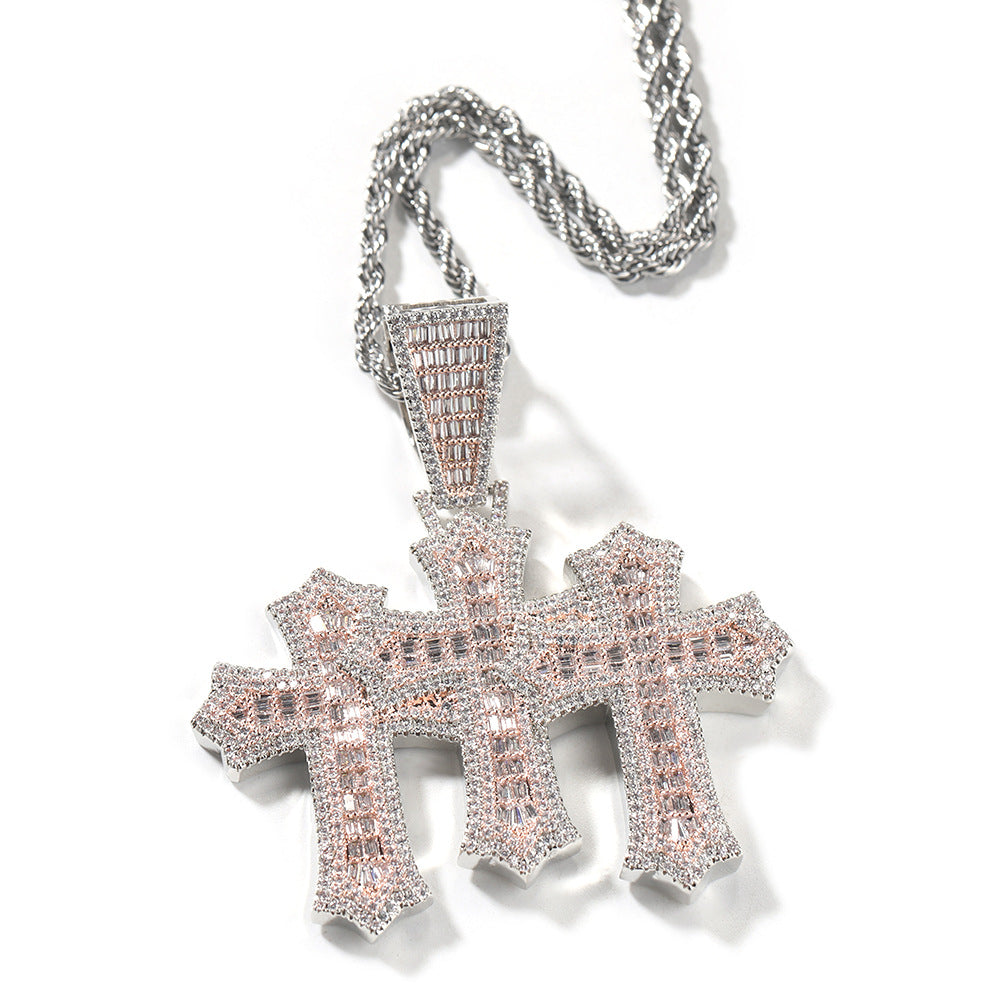 Square Zircon Diamond-Studded Cross Pendant — Geometric Iced Out Unisex Jewelry, Gold & Two-Tone, 24" Chain