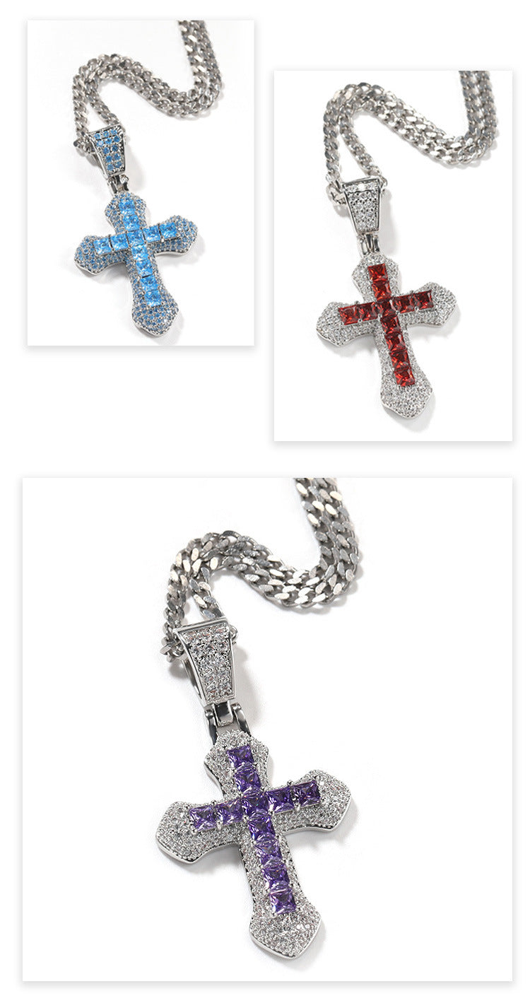 Blue Zircon Cross Pendant Necklace — Iced Out Colorful CZ Cross Unisex Jewelry, 7 Colors, 24" Chain