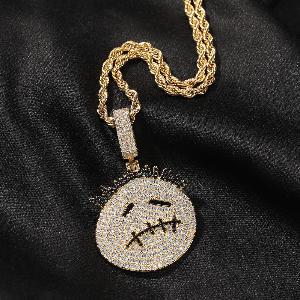 Zircon Spiky Cartoon Avatar Pendant Necklace — Iced Out Quirky Unisex Street Jewelry, Gold & Silver, 24" Chain