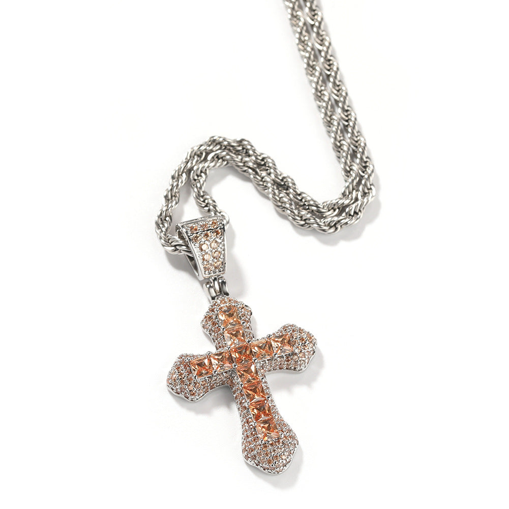 Blue Zircon Cross Pendant Necklace — Iced Out Colorful CZ Cross Unisex Jewelry, 7 Colors, 24" Chain