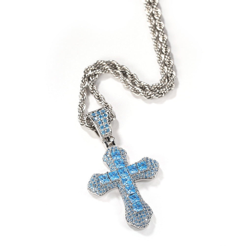 Blue Zircon Cross Pendant Necklace — Iced Out Colorful CZ Cross Unisex Jewelry, 7 Colors, 24" Chain