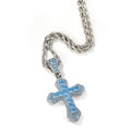 Blue Zircon Cross Pendant Necklace — Iced Out Colorful CZ Cross Unisex Jewelry, 7 Colors, 24" Chain