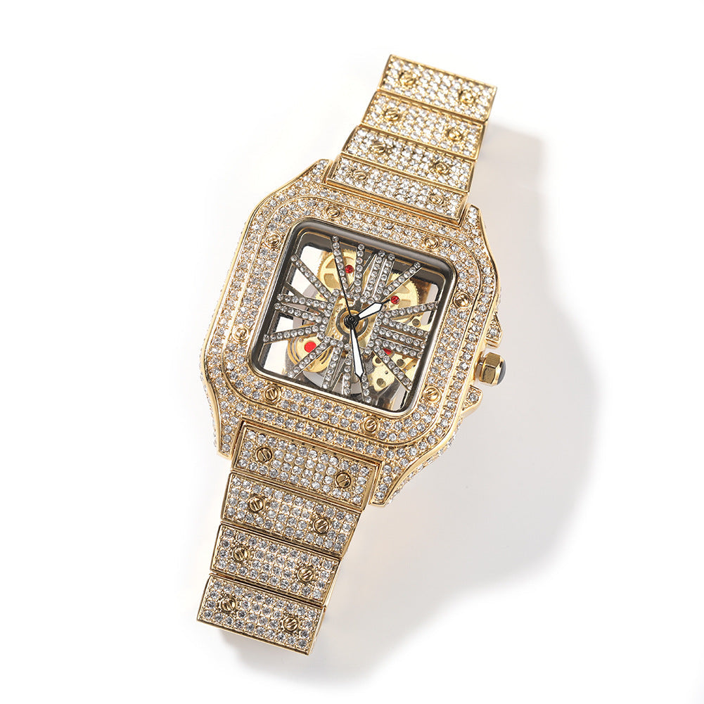 Hip-Hop Diamond-Encrusted Hollow Square Face Watch