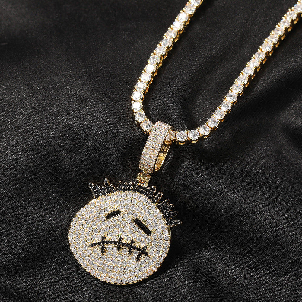 Zircon Spiky Cartoon Avatar Pendant Necklace — Iced Out Quirky Unisex Street Jewelry, Gold & Silver, 24" Chain